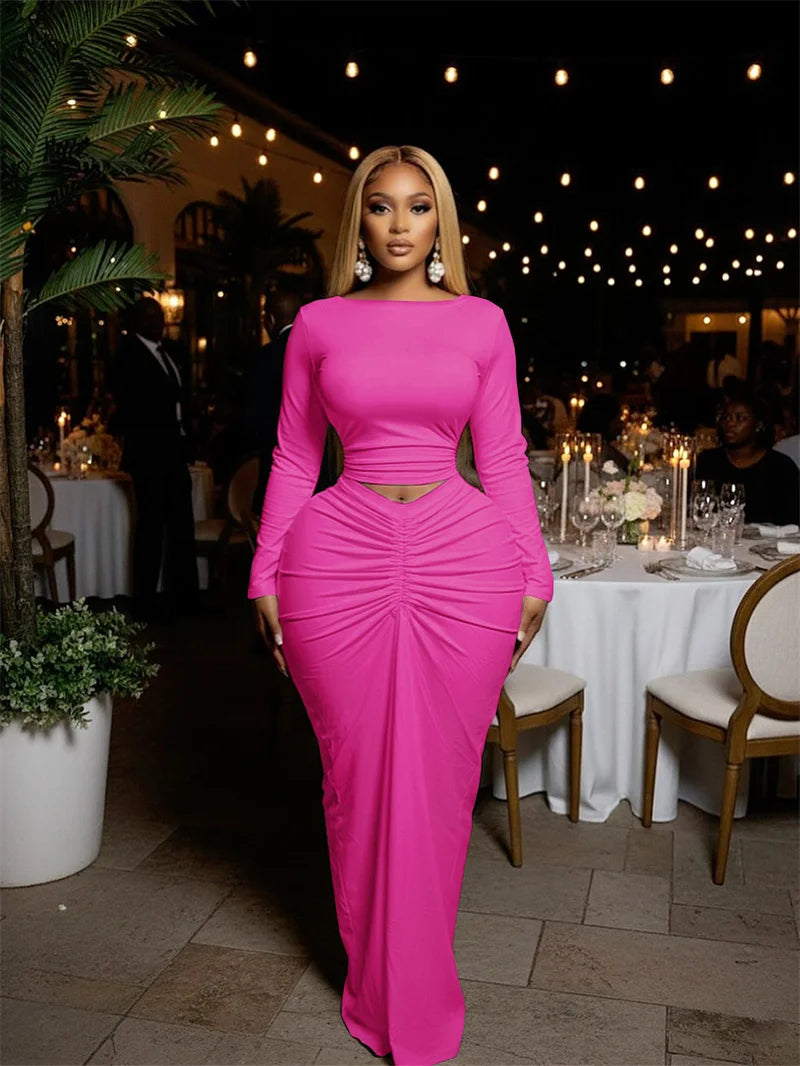 Doyerl Elegant Bodycon Maxi Dress Sets Woman 2 Piece Club Outfit Party Long Sleeve Top + Long Skirt Matching Set Ensembles Robes