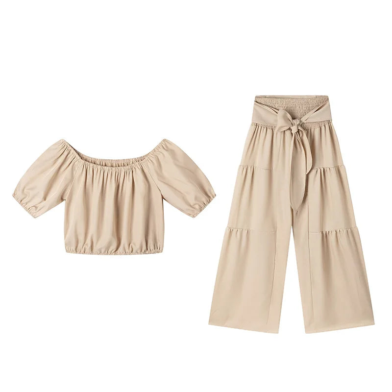 Fashion Puff Sleeve Short Top Sets Ladyelegant O Neck Tops+High Waist Lace-up Wide Leg Pants 2 Pieces Set For Woman Holiday New