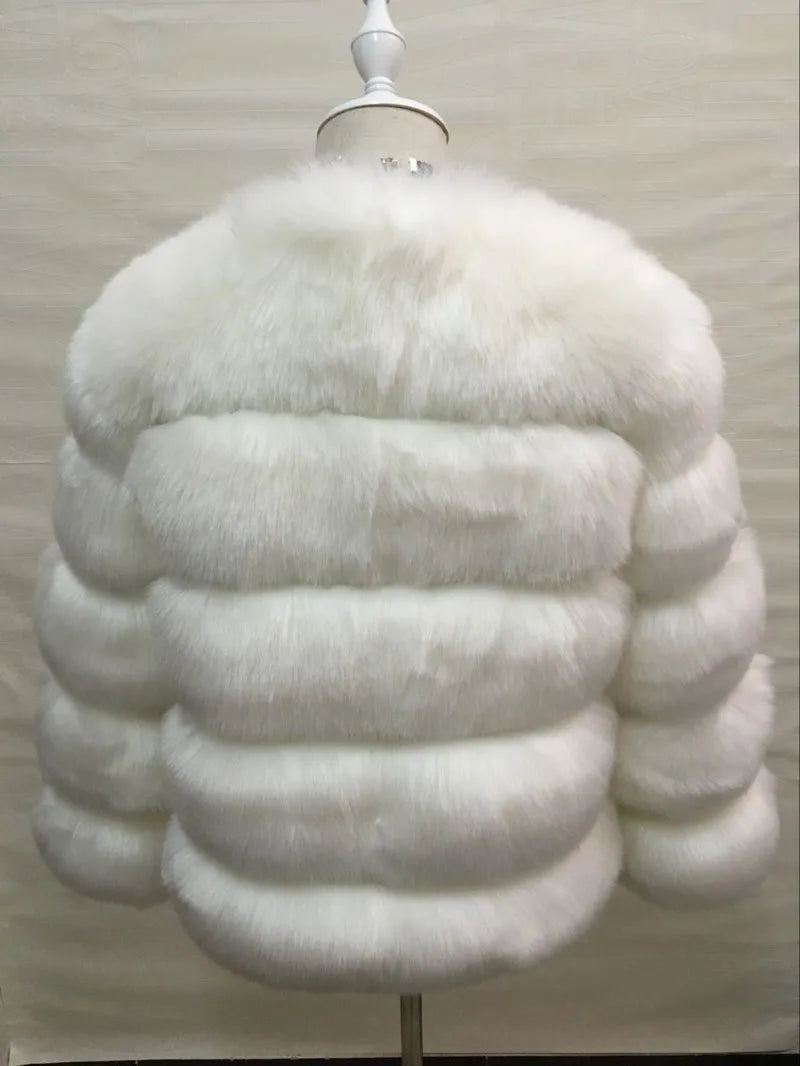 Faux Fur Women Coats Solid Round Neck Full Sleeve Coat Thick Warm Fox Short Open Stitch Elegant Splice Autumn Winter 2024