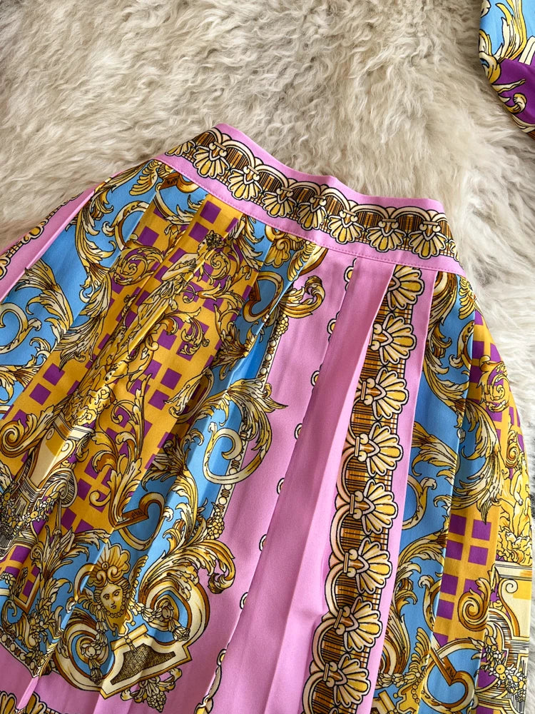 Spring Summer Vintage Short Skirt Two Piece Set for Women Fashion High Waist and Shirts Top 2 Piece Sets Pleated Skirts Outfits