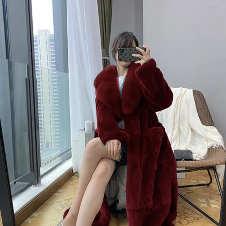New Faux Fur Coat Women's Mid-Length Coat Fashion Loose Belly Covered Tide Sashes Winter Warm Outwear Solid Color