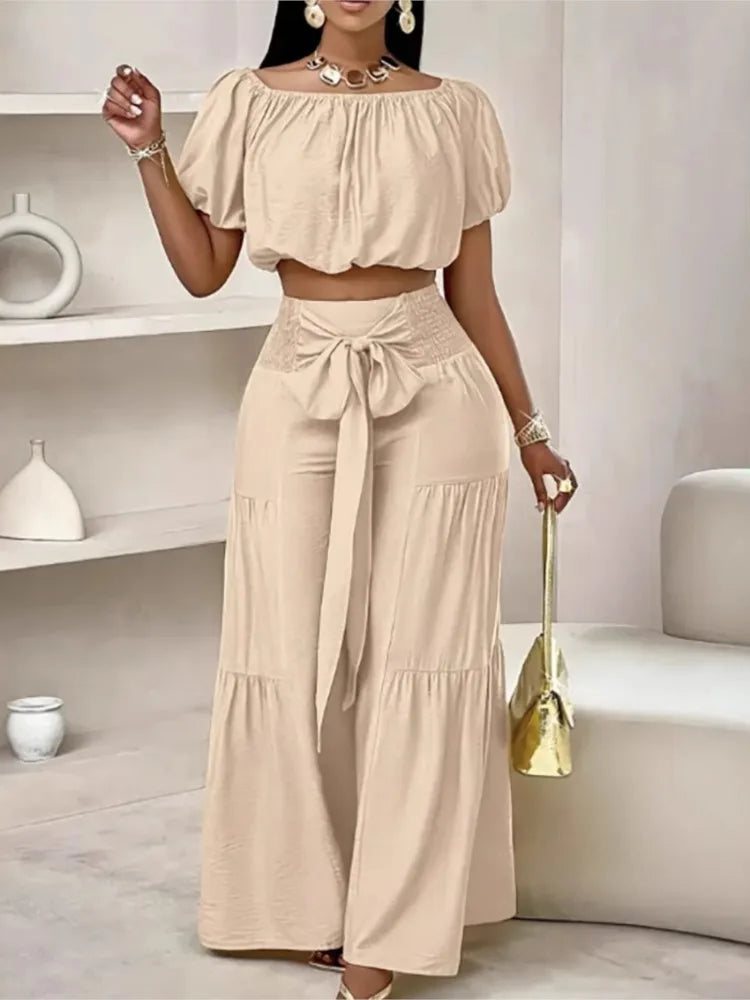 Fashion Puff Sleeve Short Top Sets Ladyelegant O Neck Tops+High Waist Lace-up Wide Leg Pants 2 Pieces Set For Woman Holiday New
