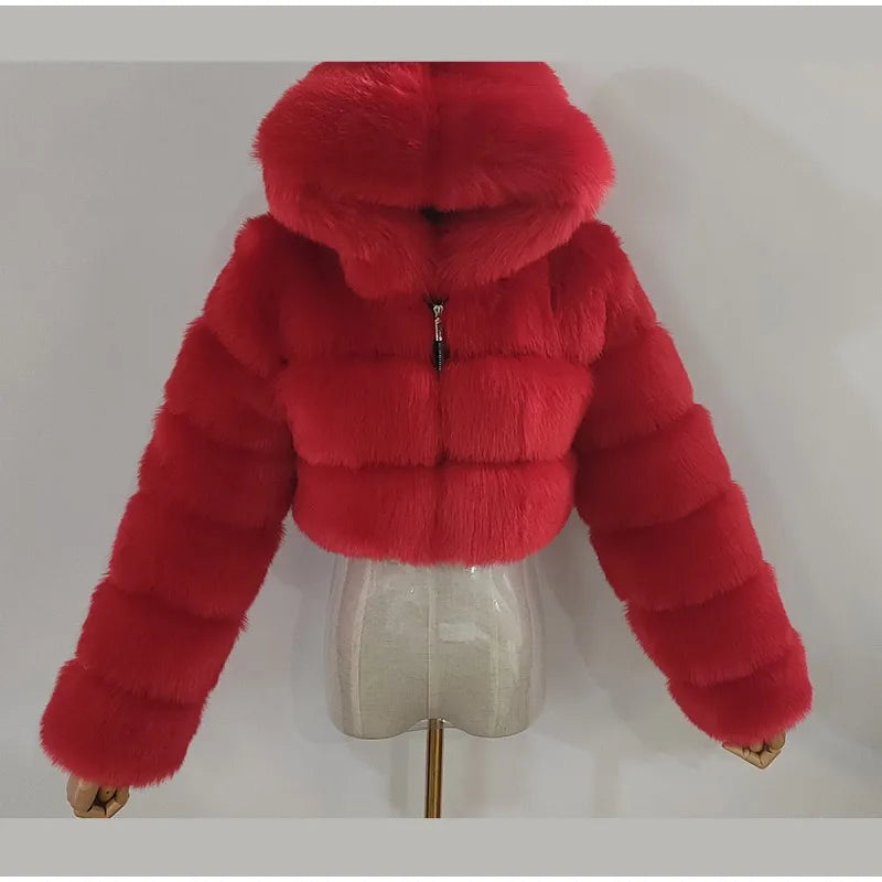 Solid Short Hooded Faux Fur Coat Women Chic Full Sleeve Zipper Cropped Loose Warm Coats Lady Winter Daily Highstreet Outerwears