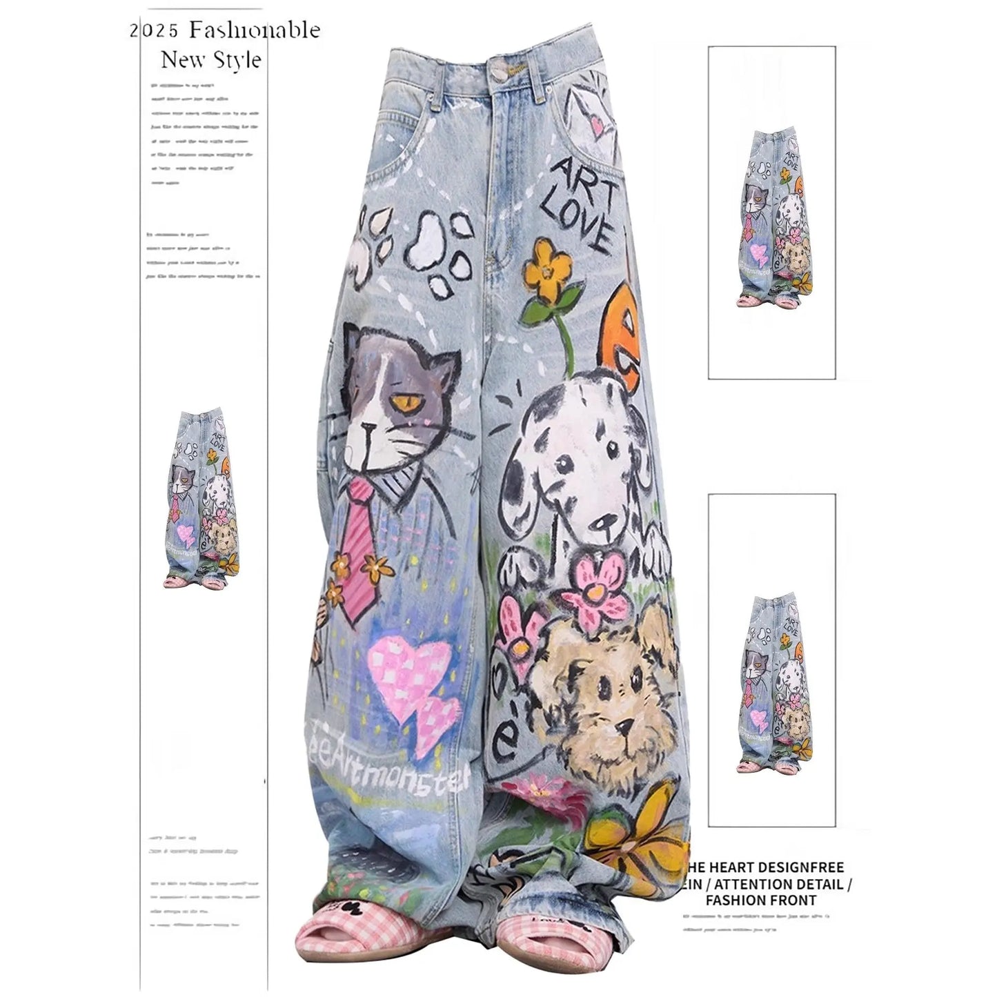 Women's Blue Cartoon Denim Y2K Harajuku Streetwear Cute Aesthetic Vintage Wide Leg Jeans Fashionable Retro Style Clothing 2025