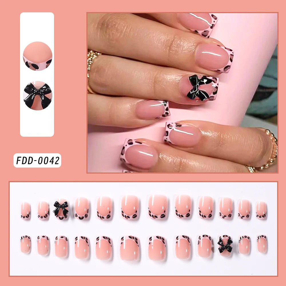 24Pcs Gold Ripple Brown Flowers False Nails with Rhinestones Pearl Design Wearable Almond False Nails Full Cover Press on Nails