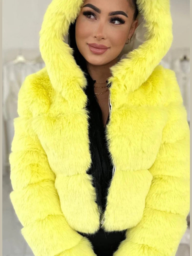 Solid Short Hooded Faux Fur Coat Women Chic Full Sleeve Zipper Cropped Loose Warm Coats Lady Winter Daily Highstreet Outerwears