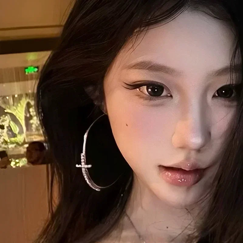 Shiny Big Circel Cross Hoop Earrings for Women Girl Rhinestone Geometric Ear Buckles Earrings Wedding Party Jewelry Accessories