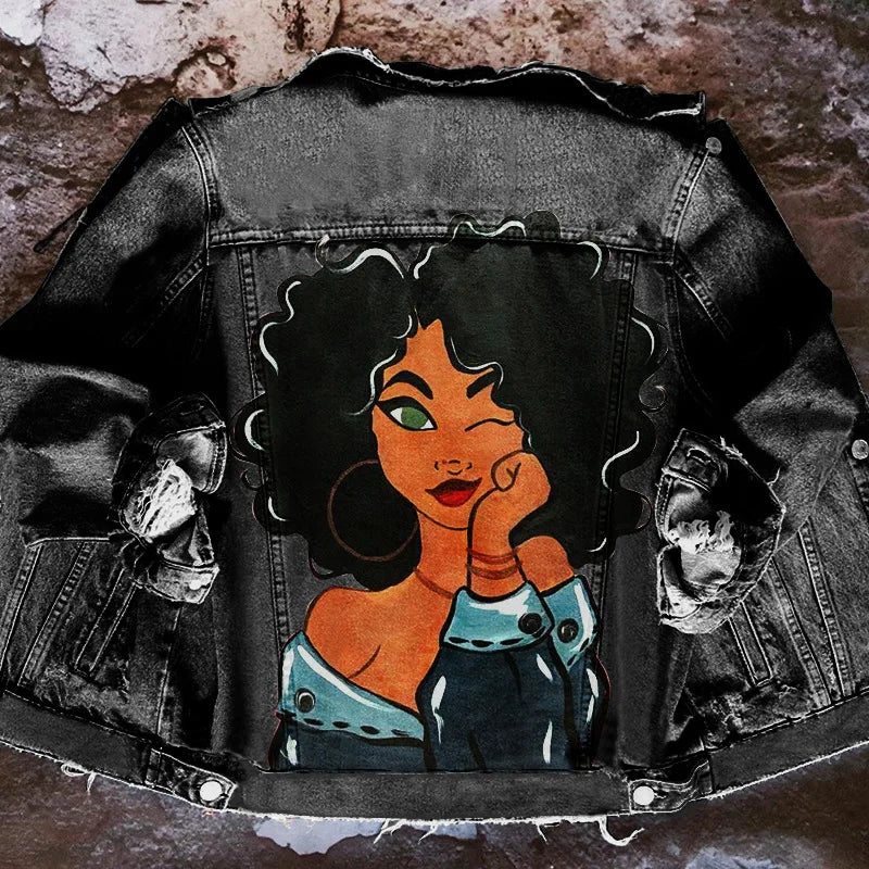 Denim New Jacketstreet Stylewomen's Printing City Girl Wash Water Foreign Trade Denim Jacket Women's 2022 Autumn And Winter New