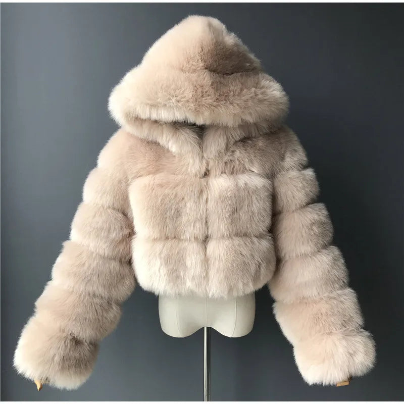 Solid Short Hooded Faux Fur Coat Women Chic Full Sleeve Zipper Cropped Loose Warm Coats Lady Winter Daily Highstreet Outerwears