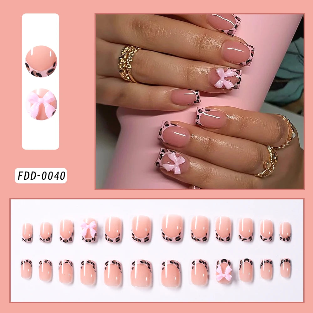 24Pcs Gold Ripple Brown Flowers False Nails with Rhinestones Pearl Design Wearable Almond False Nails Full Cover Press on Nails