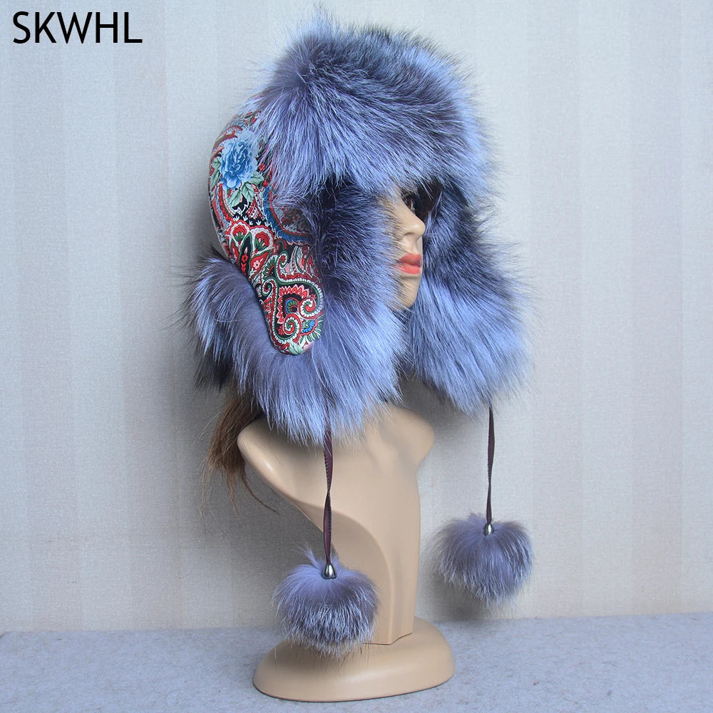 Winter Fur Hat for Women Hat with Ear Real Fox Fur Caps Russian Women Bomber Hats Bonnets Trapper Cap Camo Fox Hat Wholesale