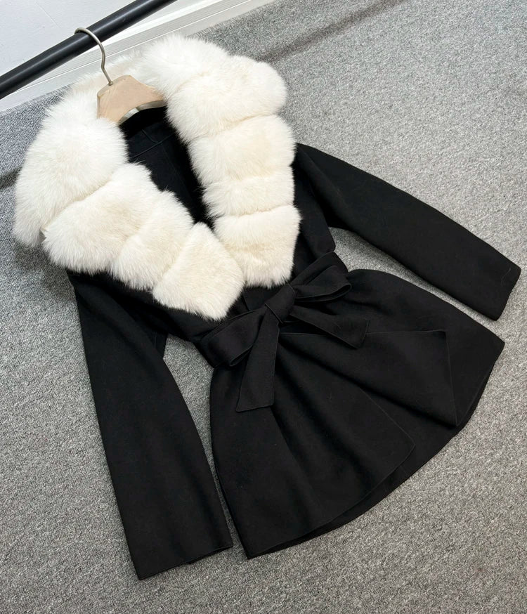 Janveny Wool Coat Women 2025 New Winter Autumn Cashmere Coats Luxury Real Fox Fur Collar Ladies Elegant Belt Design Outwear