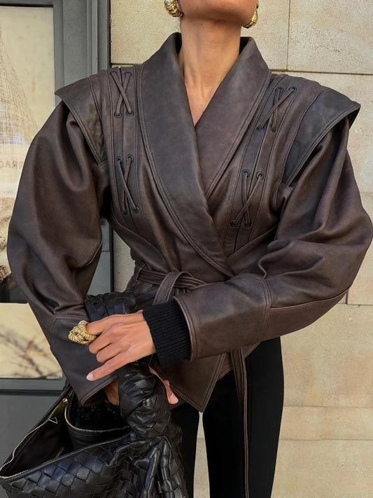 Women Leather Bomber Jackets Coats With Belt Notched Shoulder Pads Motorcycle Street Chic Short Outwear Fashion Solid Lace Up
