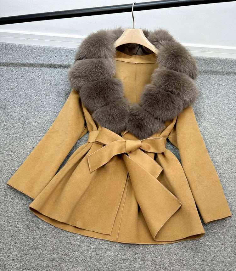 Janveny Wool Coat Women 2025 New Winter Autumn Cashmere Coats Luxury Real Fox Fur Collar Ladies Elegant Belt Design Outwear