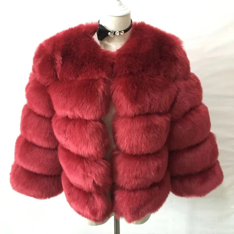 Faux Fur Women Coats Solid Round Neck Full Sleeve Coat Thick Warm Fox Short Open Stitch Elegant Splice Autumn Winter 2024