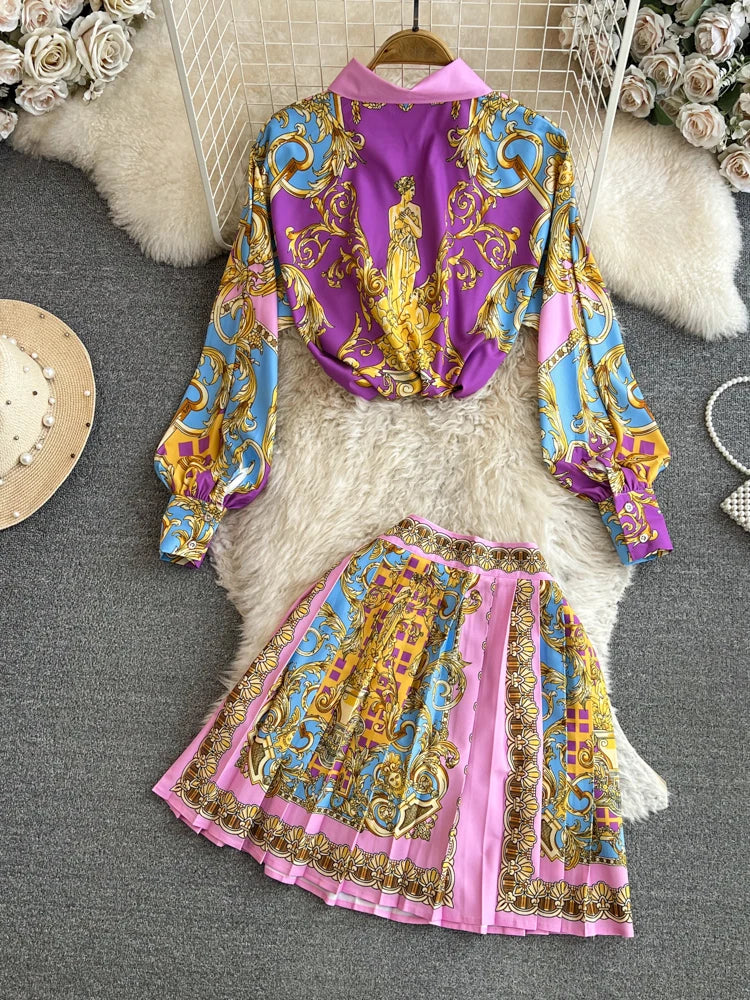 Spring Summer Vintage Short Skirt Two Piece Set for Women Fashion High Waist and Shirts Top 2 Piece Sets Pleated Skirts Outfits
