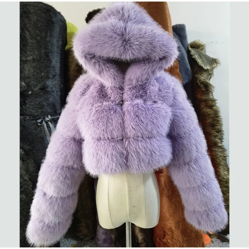 Solid Short Hooded Faux Fur Coat Women Chic Full Sleeve Zipper Cropped Loose Warm Coats Lady Winter Daily Highstreet Outerwears