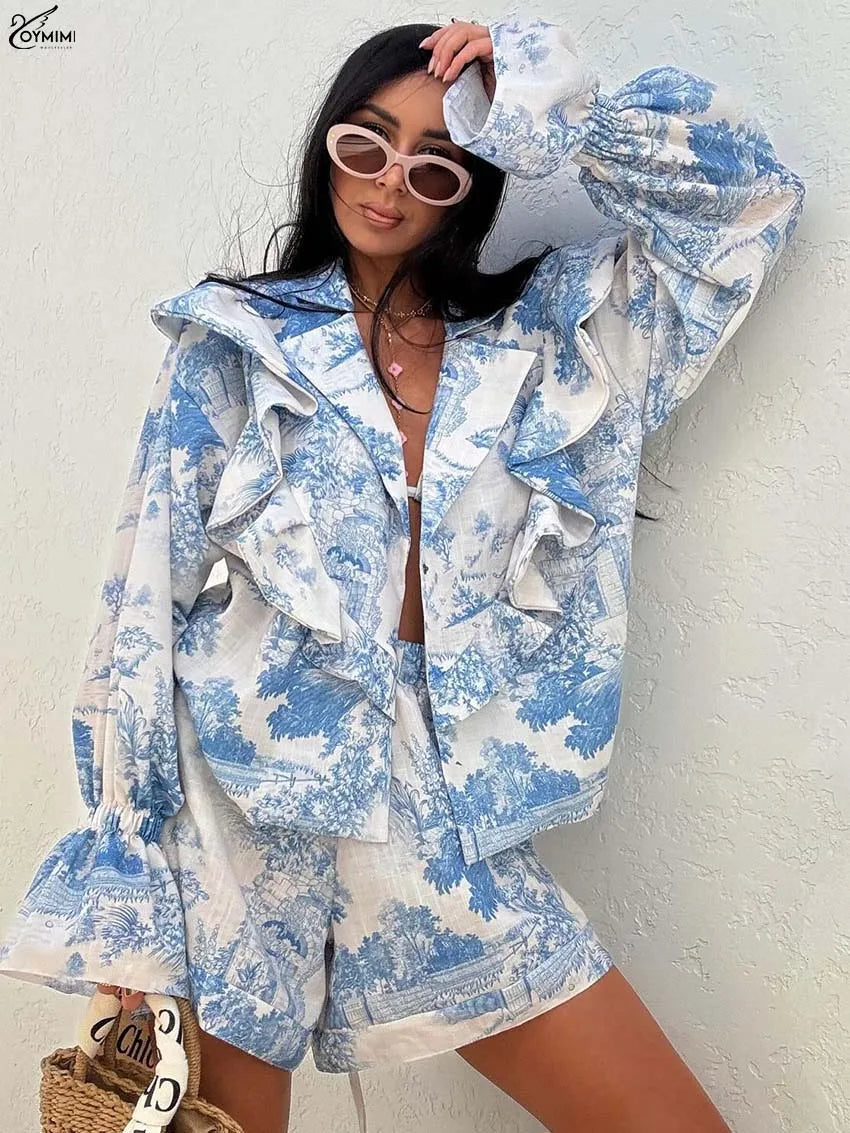 Oymimi Elegant Pink Print 2 Pieces Set For Woman Fashion Lapel Long Sleeve Ruffled Button Shirts And High Waisted Shorts Sets