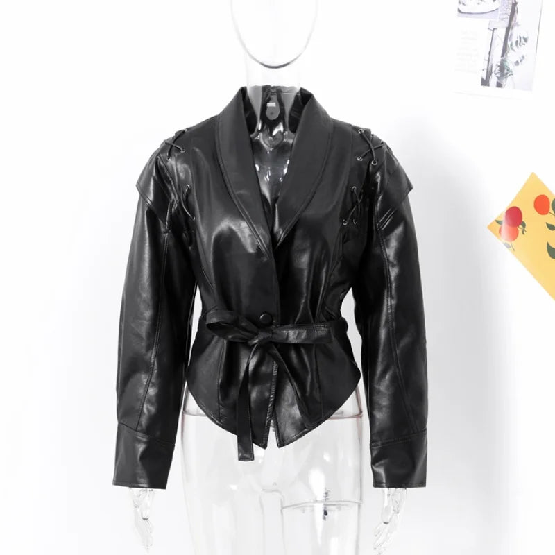 Women Leather Bomber Jackets Coats With Belt Notched Shoulder Pads Motorcycle Street Chic Short Outwear Fashion Solid Lace Up