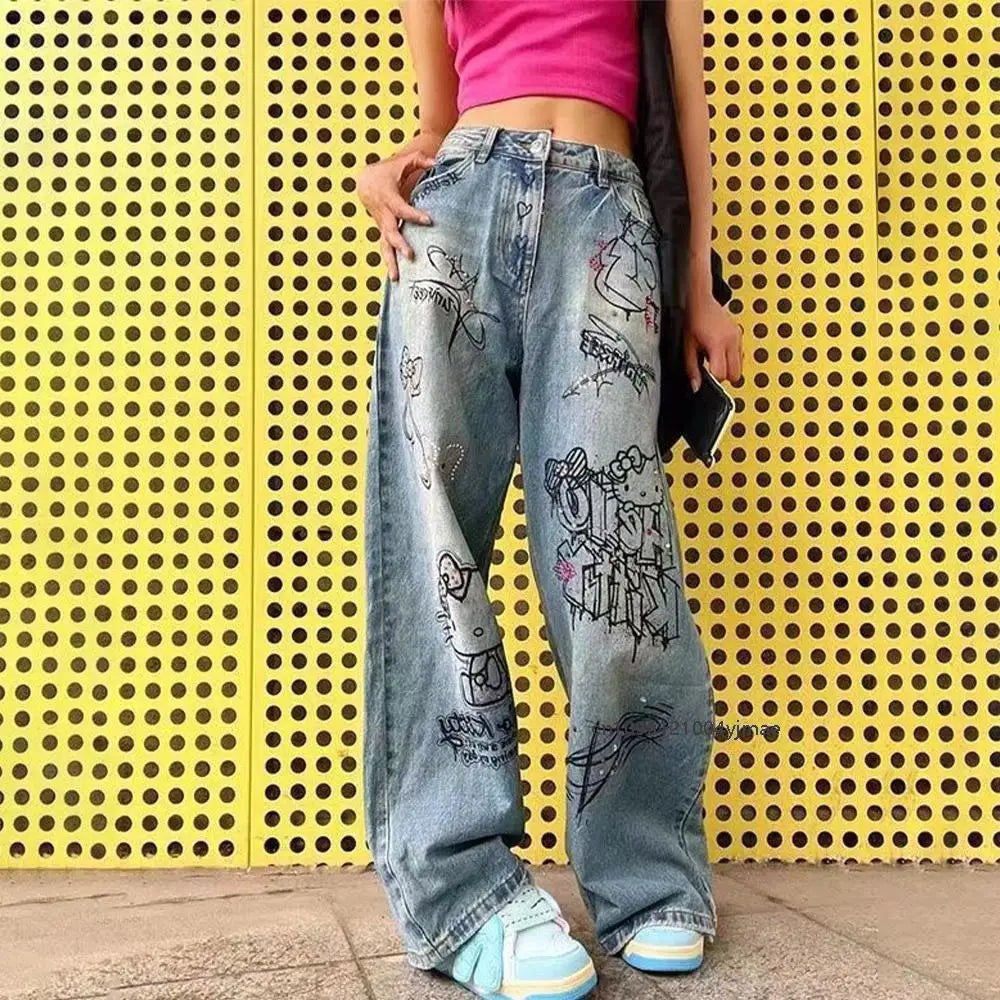 Streetwear Hello Kitty Wide Leg Pants Y2K Sanrio Jeans Women Vintage Blue Casual Loose Straight Trousers Cartoon Fashion Pants