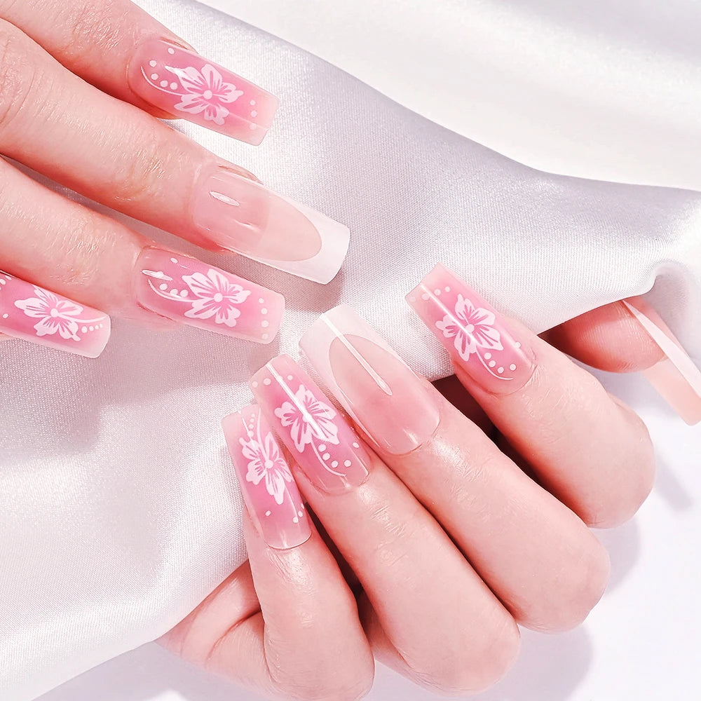 24Pcs Retro Flower Long Coffin French Fake Nails Caviar Bead Floral Gold Hollow Design Press On Nail Tips Y2k Acrylic False Nail