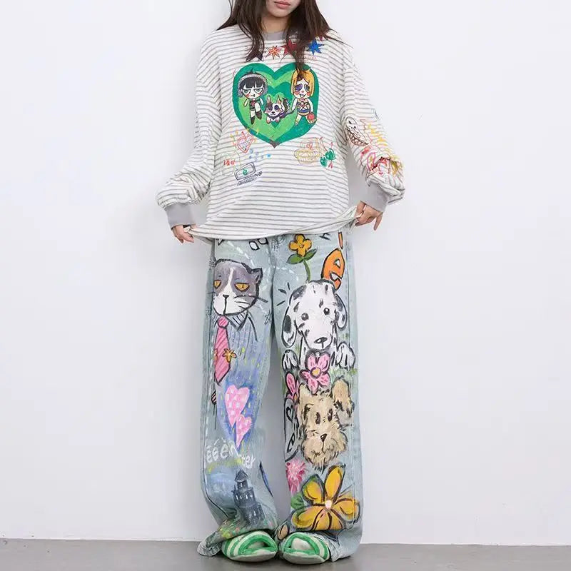 Women's Blue Cartoon Denim Y2K Harajuku Streetwear Cute Aesthetic Vintage Wide Leg Jeans Fashionable Retro Style Clothing 2025