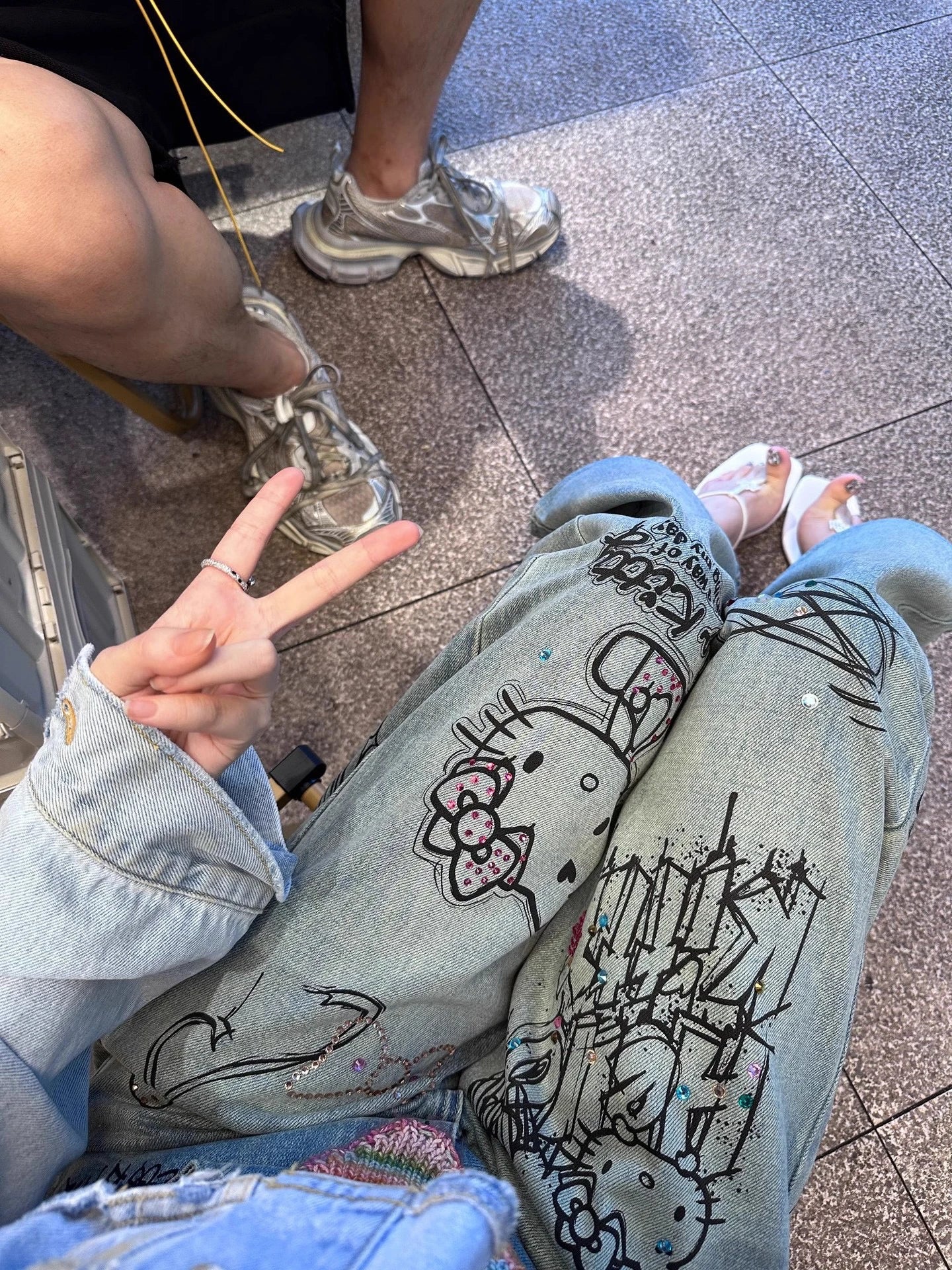 Streetwear Hello Kitty Wide Leg Pants Y2K Sanrio Jeans Women Vintage Blue Casual Loose Straight Trousers Cartoon Fashion Pants