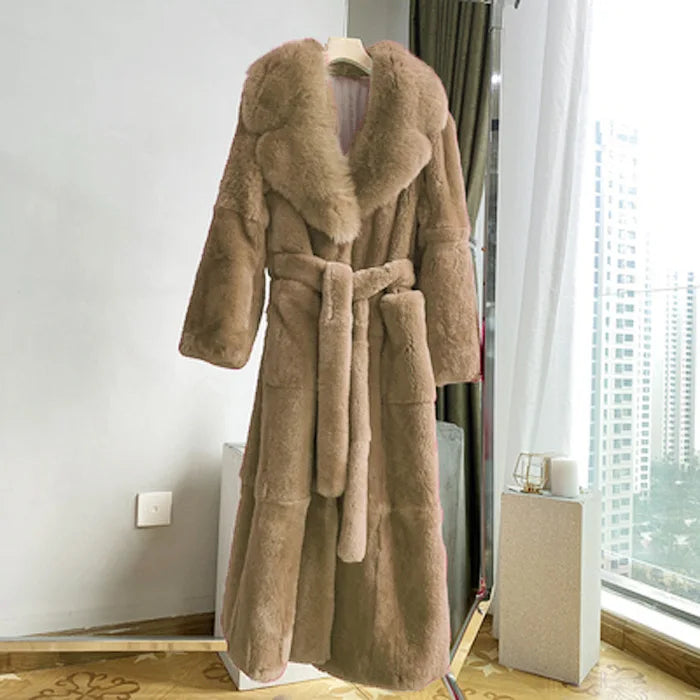 New Faux Fur Coat Women's Mid-Length Coat Fashion Loose Belly Covered Tide Sashes Winter Warm Outwear Solid Color