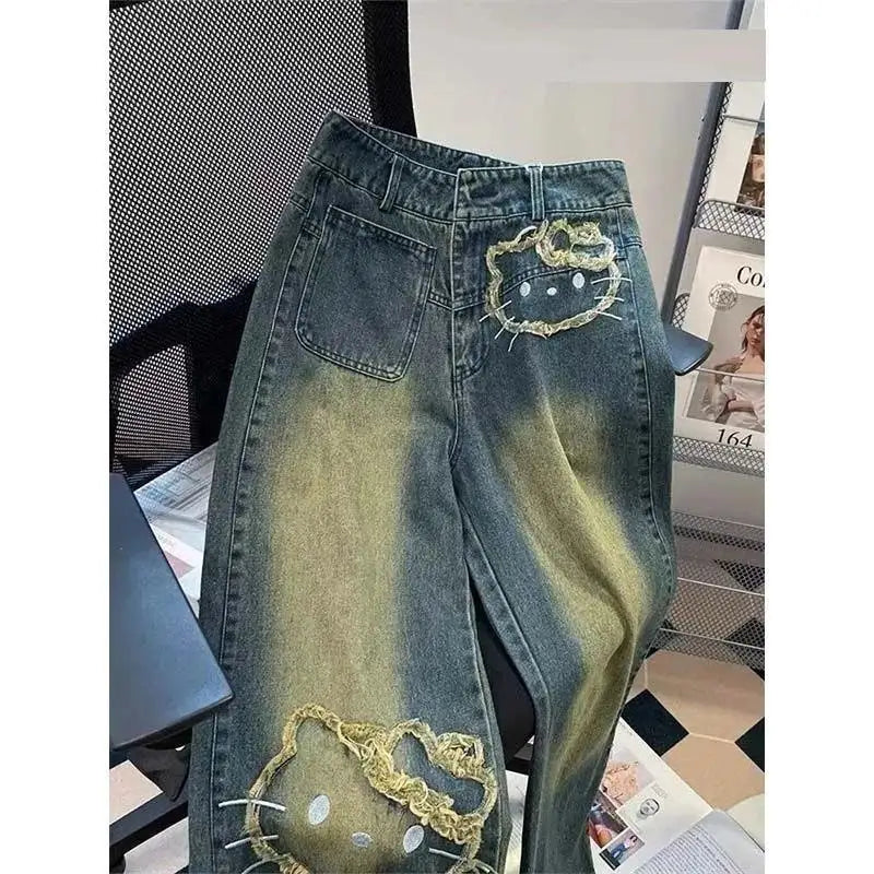 Streetwear Hello Kitty Wide Leg Pants Y2K Sanrio Jeans Women Vintage Blue Casual Loose Straight Trousers Cartoon Fashion Pants