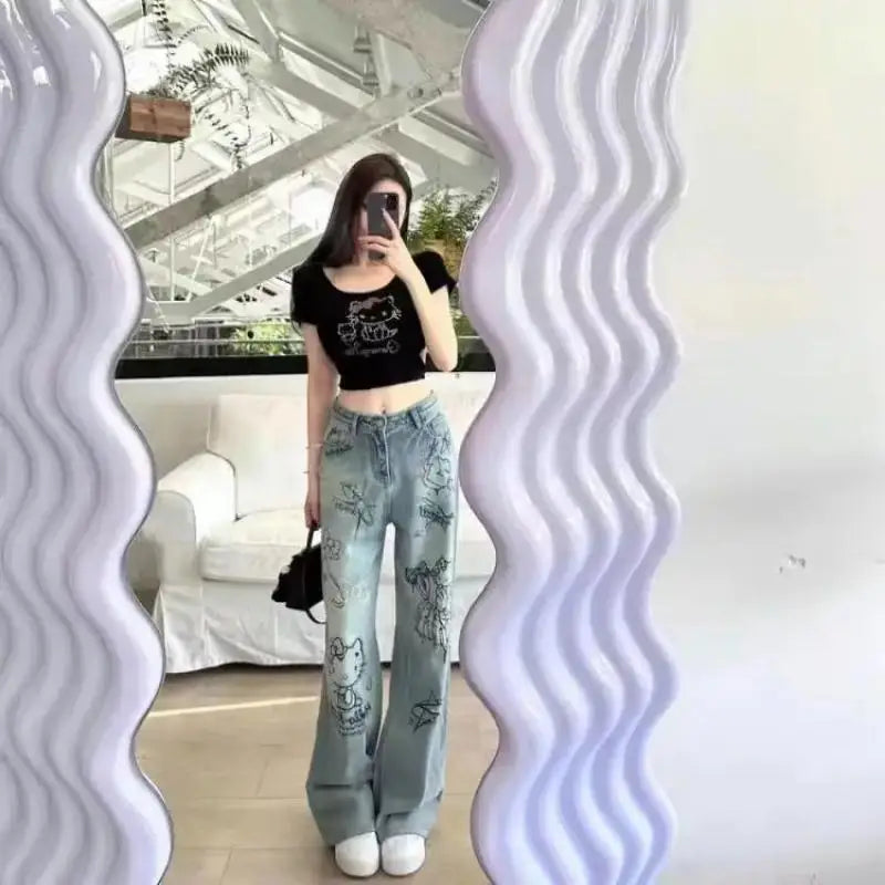 Streetwear Hello Kitty Wide Leg Pants Y2K Sanrio Jeans Women Vintage Blue Casual Loose Straight Trousers Cartoon Fashion Pants