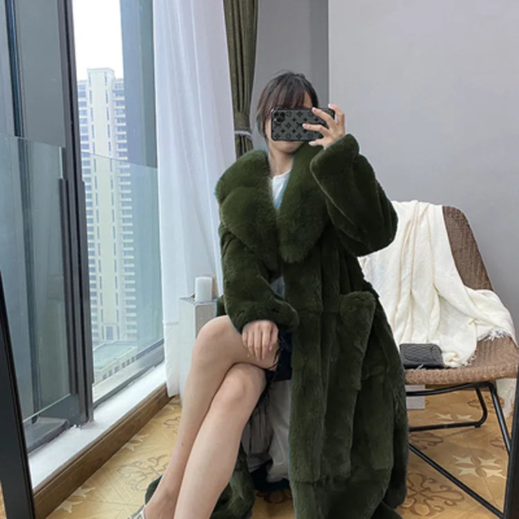 New Faux Fur Coat Women's Mid-Length Coat Fashion Loose Belly Covered Tide Sashes Winter Warm Outwear Solid Color