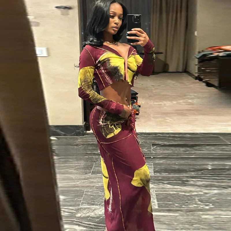 Leosoxs Two Piece Skirt Sets African Outfits Women Long Sleeve Crop Top + Single Breasted Skirts Suit Female Streetwear Clothing