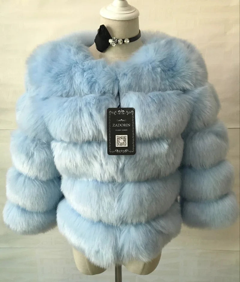 Faux Fur Women Coats Solid Round Neck Full Sleeve Coat Thick Warm Fox Short Open Stitch Elegant Splice Autumn Winter 2024
