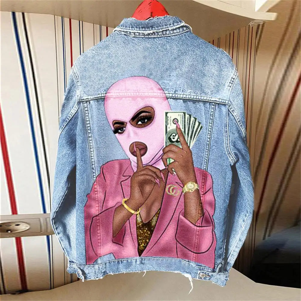 Women's Clothing 2024 Autumn New Hot Street Fashion INS Net Red Personality Sweet Love Girl Print Lapel Denim Jacket