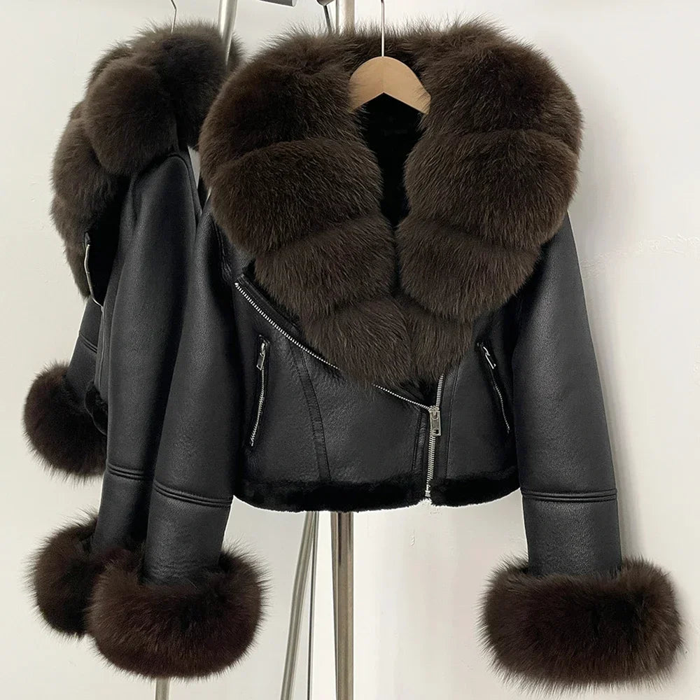 Fox Fur Coat Winter Warm Real Fur Cuffs Clothes Women Short Faux Leather Fake Fur Inner Jacket Thick Reality Fur Jacket Female