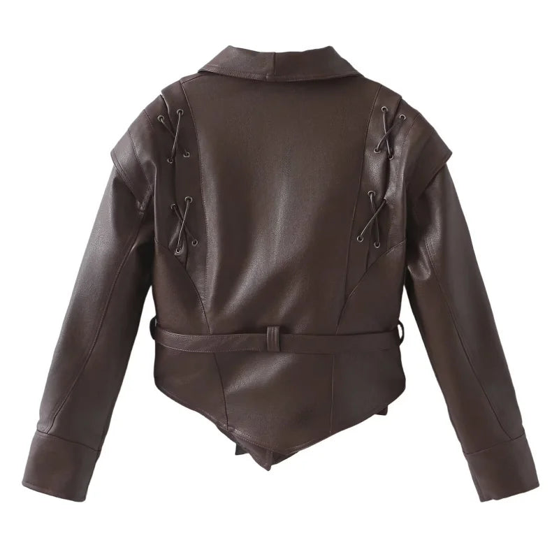 Women Leather Bomber Jackets Coats With Belt Notched Shoulder Pads Motorcycle Street Chic Short Outwear Fashion Solid Lace Up