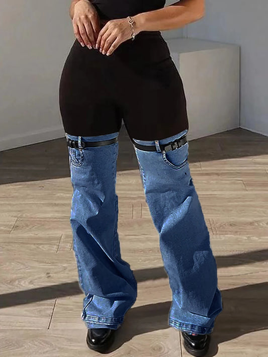 Women’s Trendy High Waist Patchwork Pants Black Bodycon Shorts Top with Blue Jean Bell Bottom Overlay and Punk-Inspired