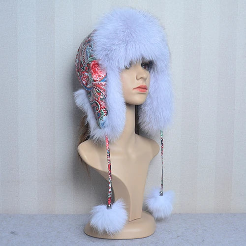 Winter Fur Hat for Women Hat with Ear Real Fox Fur Caps Russian Women Bomber Hats Bonnets Trapper Cap Camo Fox Hat Wholesale