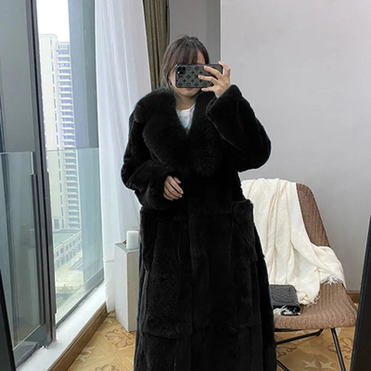 New Faux Fur Coat Women's Mid-Length Coat Fashion Loose Belly Covered Tide Sashes Winter Warm Outwear Solid Color