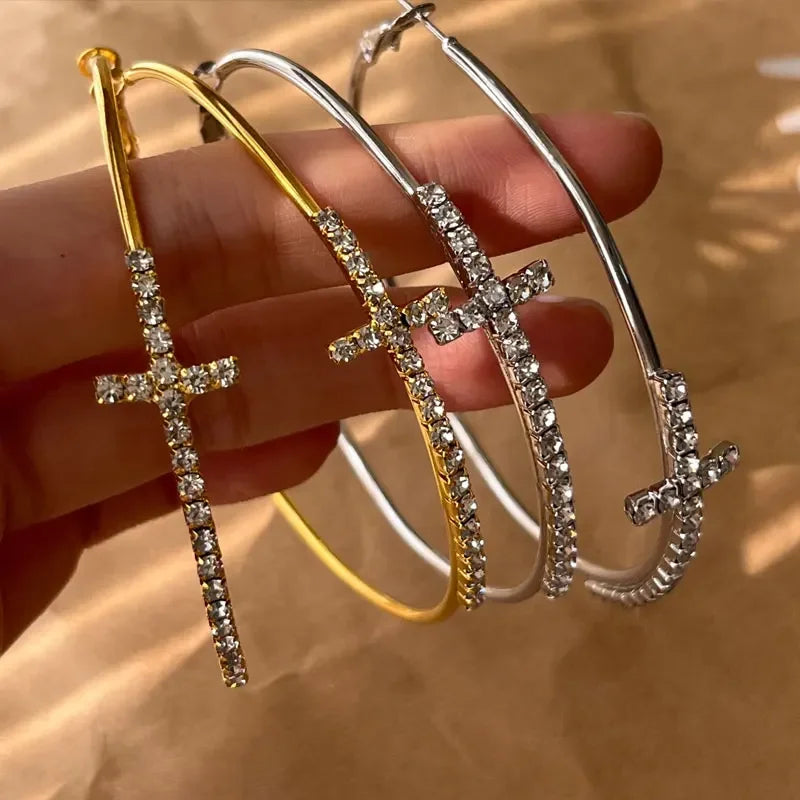 Shiny Big Circel Cross Hoop Earrings for Women Girl Rhinestone Geometric Ear Buckles Earrings Wedding Party Jewelry Accessories