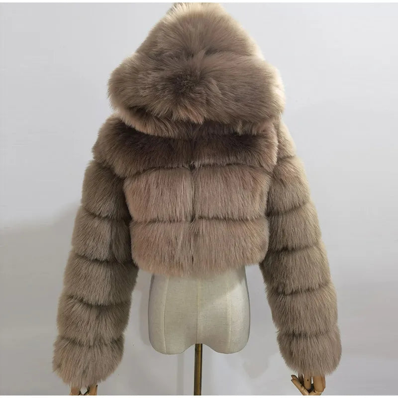 Solid Short Hooded Faux Fur Coat Women Chic Full Sleeve Zipper Cropped Loose Warm Coats Lady Winter Daily Highstreet Outerwears
