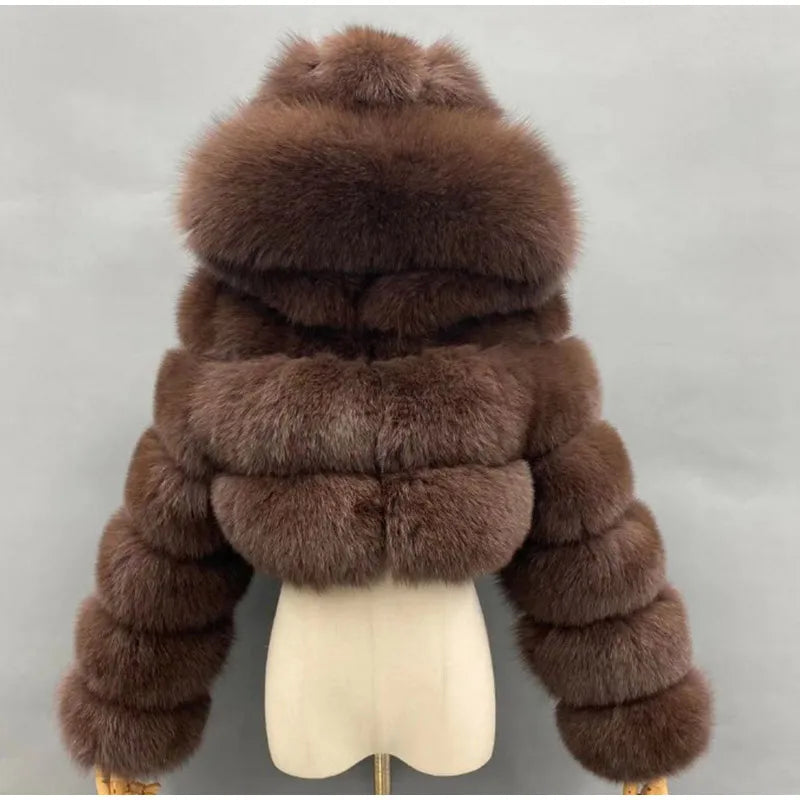 Solid Short Hooded Faux Fur Coat Women Chic Full Sleeve Zipper Cropped Loose Warm Coats Lady Winter Daily Highstreet Outerwears