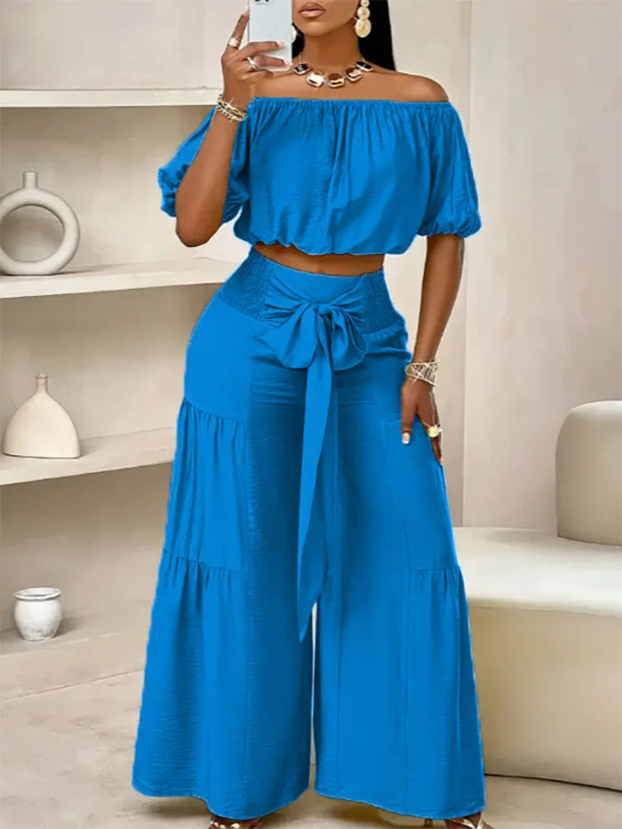 Fashion Puff Sleeve Short Top Sets Ladyelegant O Neck Tops+High Waist Lace-up Wide Leg Pants 2 Pieces Set For Woman Holiday New