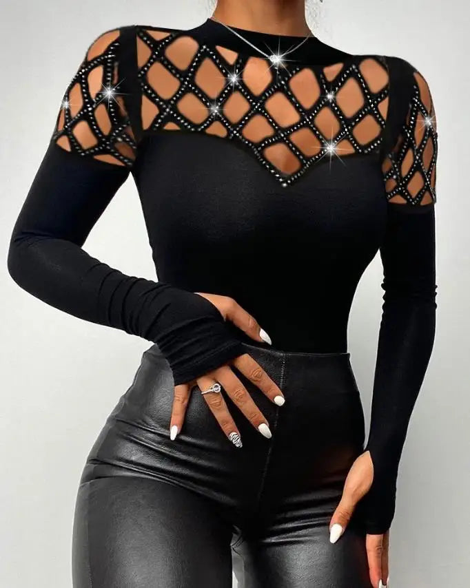 Bodysuit for Women 2022 Beaded Cold Shoulder Long Sleeve Bodysuit 2022 Autumn Europe and America Fashion Women's Clothing