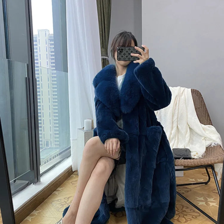 New Faux Fur Coat Women's Mid-Length Coat Fashion Loose Belly Covered Tide Sashes Winter Warm Outwear Solid Color