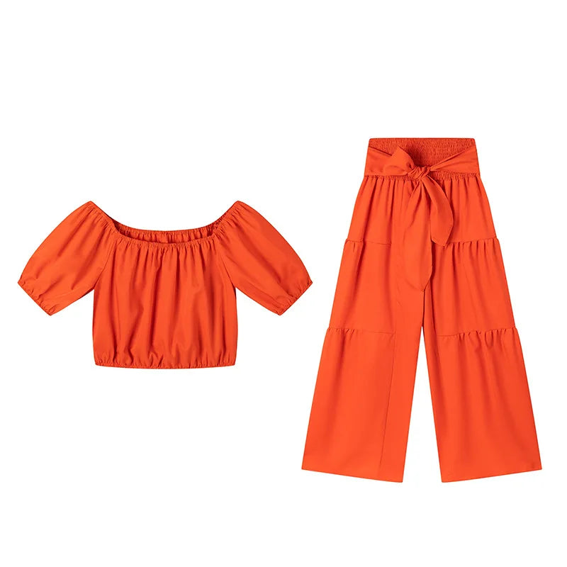 Fashion Puff Sleeve Short Top Sets Ladyelegant O Neck Tops+High Waist Lace-up Wide Leg Pants 2 Pieces Set For Woman Holiday New