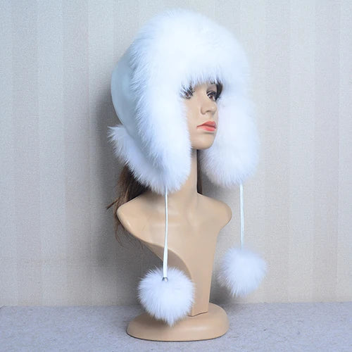 Winter Fur Hat for Women Hat with Ear Real Fox Fur Caps Russian Women Bomber Hats Bonnets Trapper Cap Camo Fox Hat Wholesale