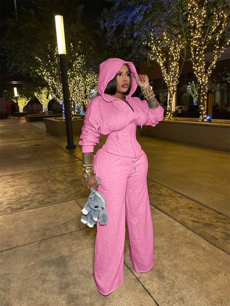 Streetwear Casual Tracksuit Woman 2 Piece Sets Sporty Zipper Hooded Lace-up Bandage Corset Jacket and Sweatpants Matching Set