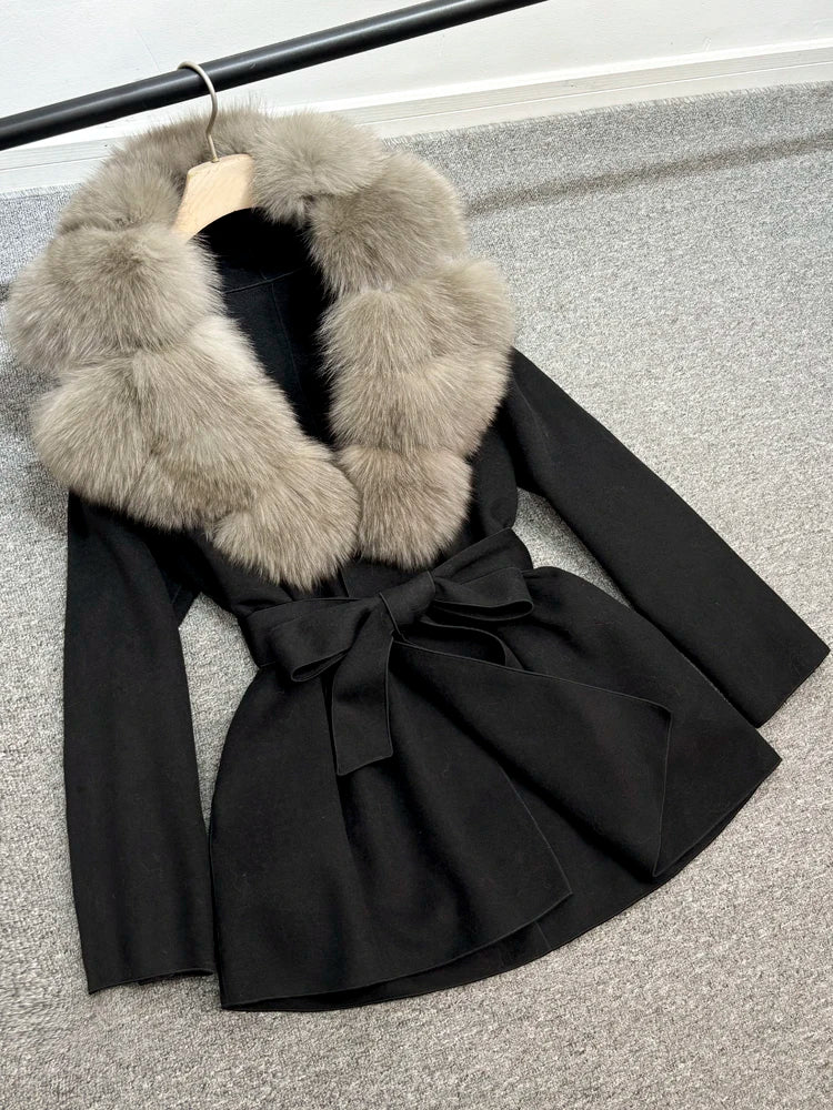 Janveny Wool Coat Women 2025 New Winter Autumn Cashmere Coats Luxury Real Fox Fur Collar Ladies Elegant Belt Design Outwear