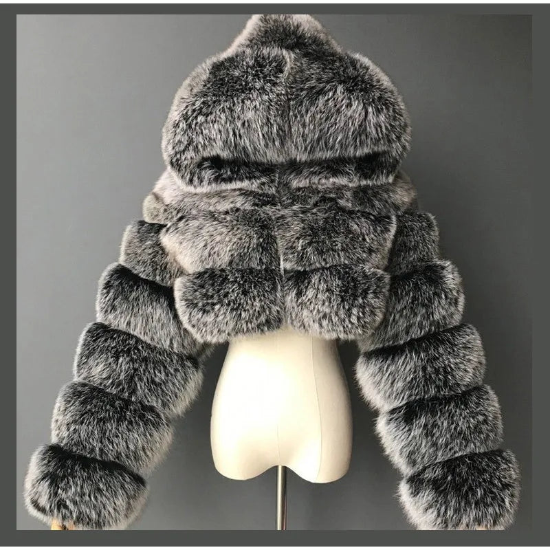 Solid Short Hooded Faux Fur Coat Women Chic Full Sleeve Zipper Cropped Loose Warm Coats Lady Winter Daily Highstreet Outerwears
